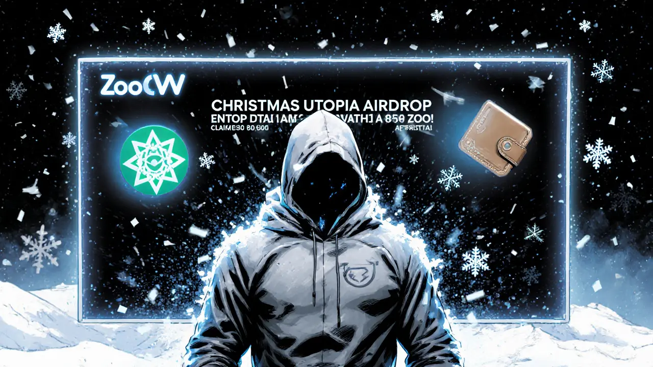 A hero in a winter hoodie stands before a digital airdrop screen with glowing crypto wallets.