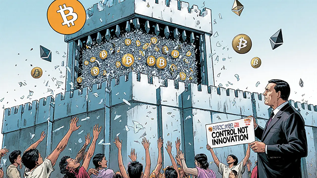 A massive Bakong fortress blocks crypto symbols from rural families outside, while a bank official holds a &#039;Control Not Innovation&#039; banner.