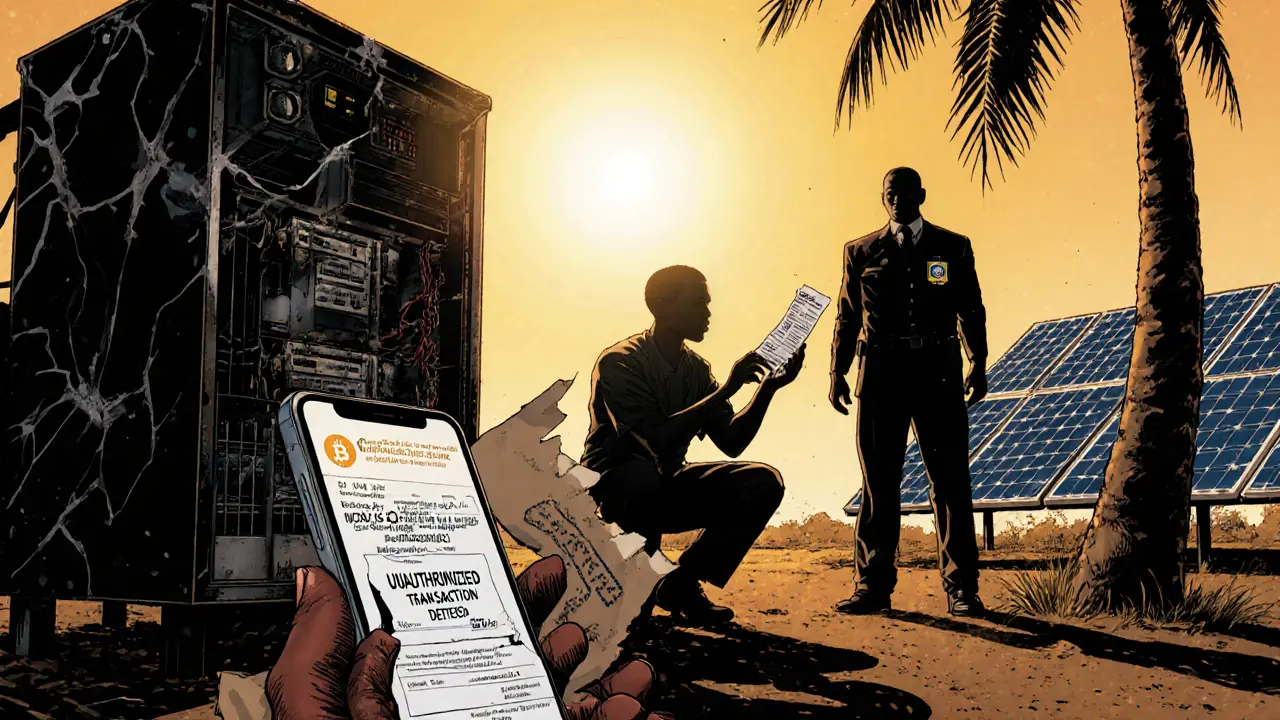 A miner beside a broken solar setup and silent ASIC rig, holding a seed phrase as an EFCC alert flashes on his phone.