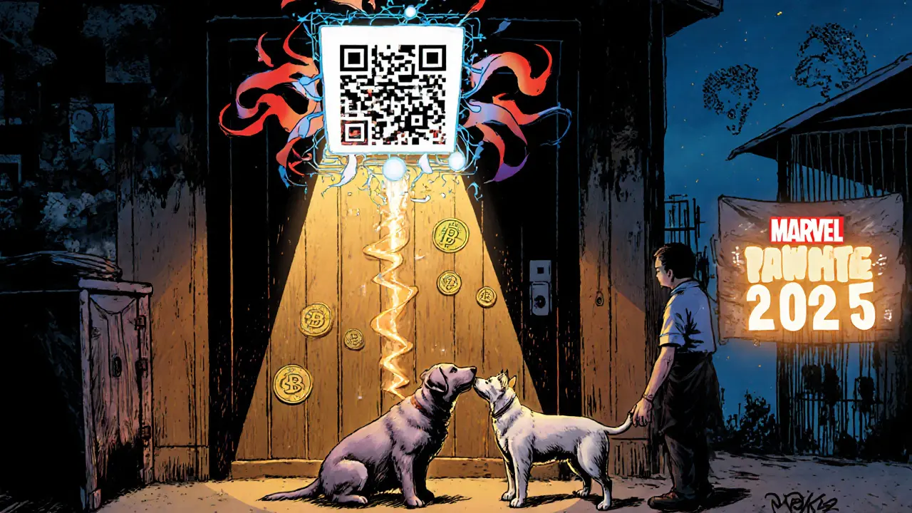 A QR code at a shelter transforms crypto tokens into aid as a rescued dog and cat nuzzle a volunteer.