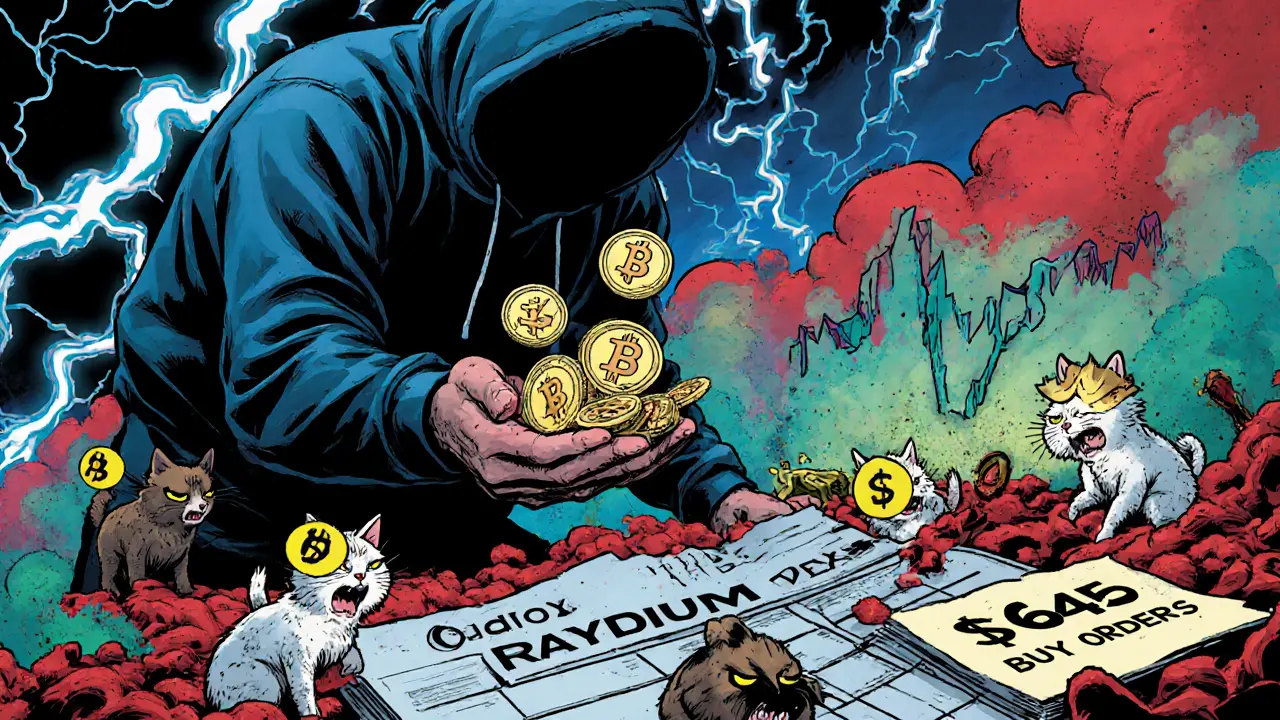 A shadowy figure throws SOL tokens into a void as panicked cats scramble over a paper-thin order book.