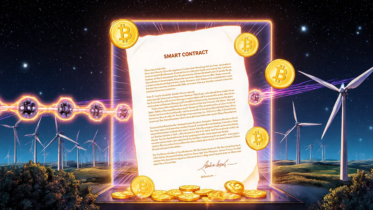A smart contract transforms into tokens, connected by data sensors to a wind farm under the stars.