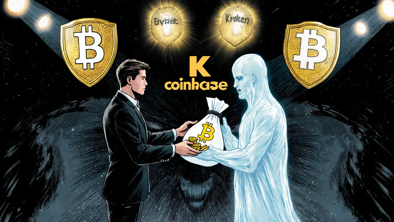 A trader giving Bitcoin to a ghostly entity while trusted exchanges glow safely in the background.