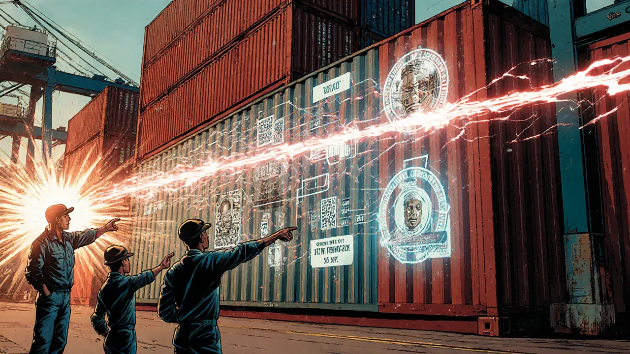 A transparent shipping container reveals a blockchain trail tracking coffee from farm to store, with digital tags hovering above the contents.
