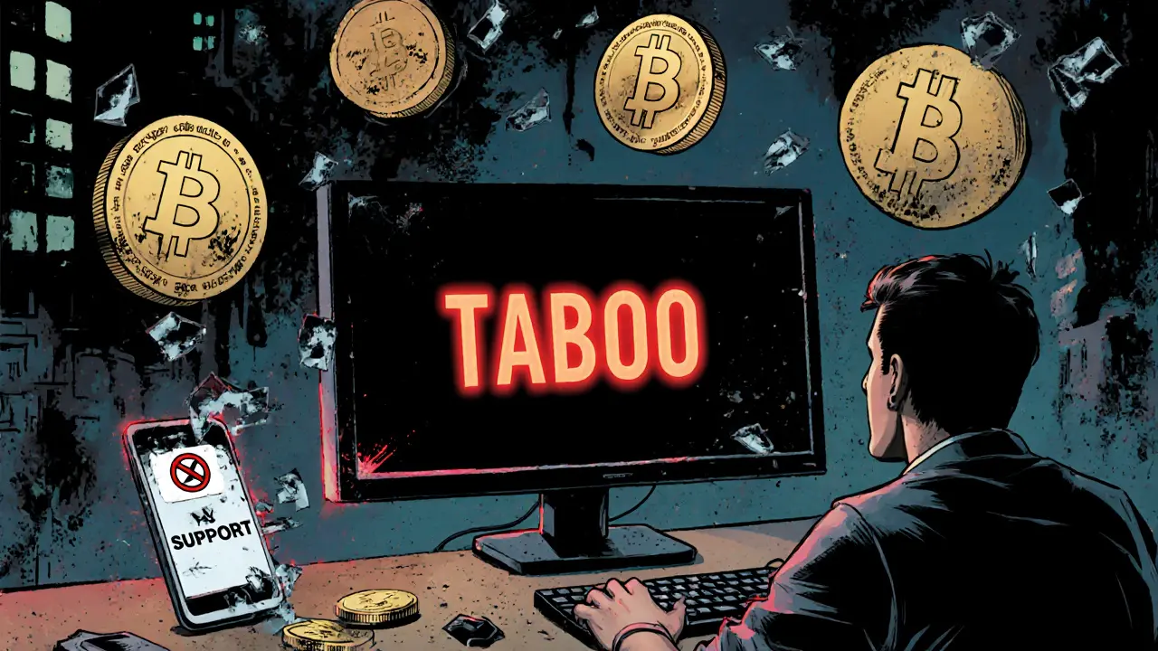 A user facing a blank screen with &#039;Taboo&#039; written in red, surrounded by dead crypto coins.