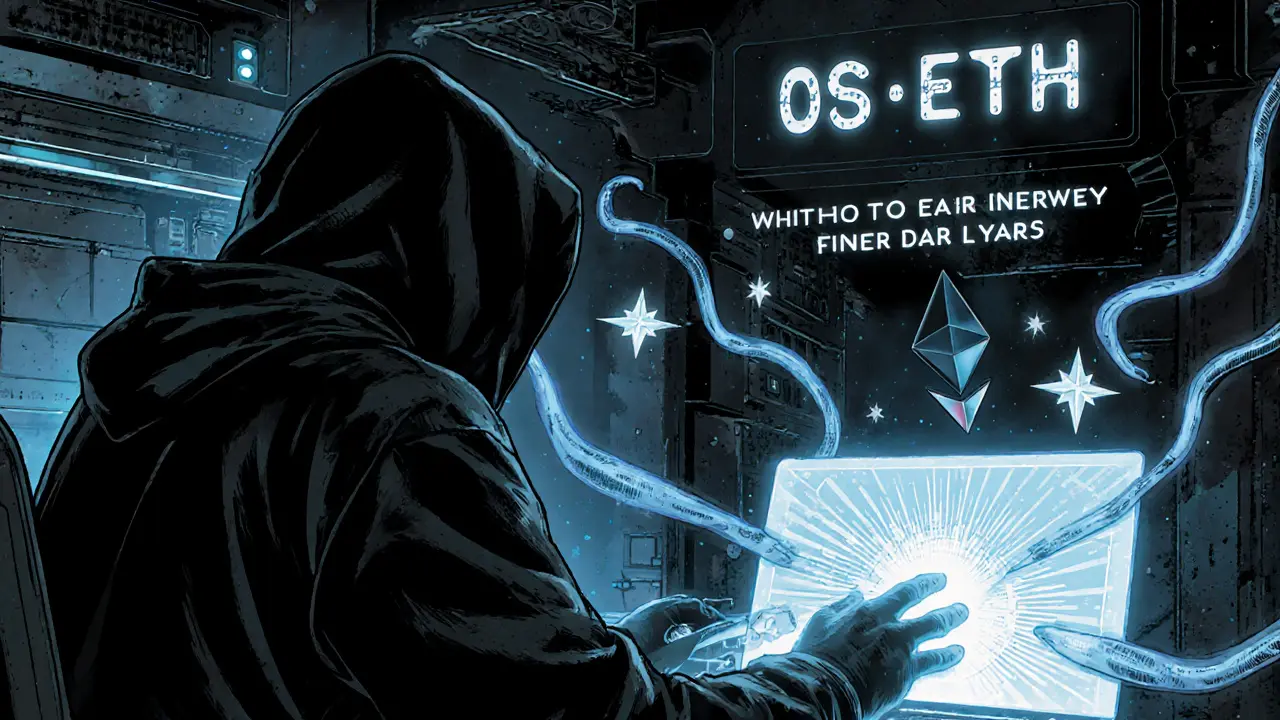 A user redeeming osETH with a 24-hour timer, as validator exits activate and EigenLayer energy connects to decentralized networks.