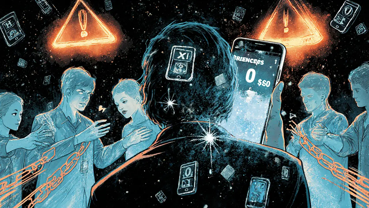 A user stares at a frozen screen showing <h2>The User Experience - If You Could Still Use It</h2> Bitcoin balance while ghostly figures reach out silently.