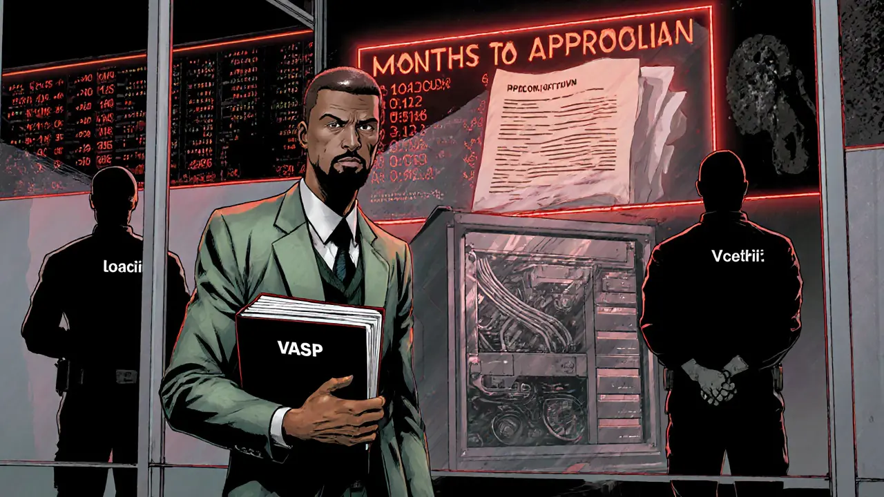 An entrepreneur applying for a VASP license at a secure SEC office, digital transactions and a countdown timer visible behind him.