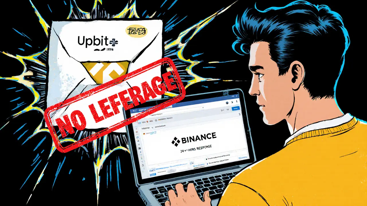 An international trader faces a laptop showing USDT-KRW with a giant &#039;NO LEVERAGE&#039; stamp crushing a Binance logo.