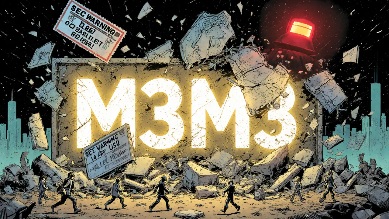 Collapsing M3M3 billboard in digital wasteland as SEC warning stamp falls from above