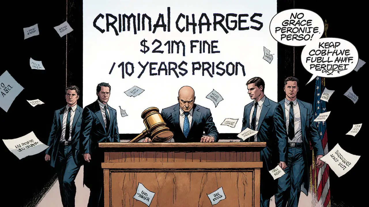 Courtroom scene with blockchain gavel and massive fine/prison sentence displayed for unregistered crypto operations.