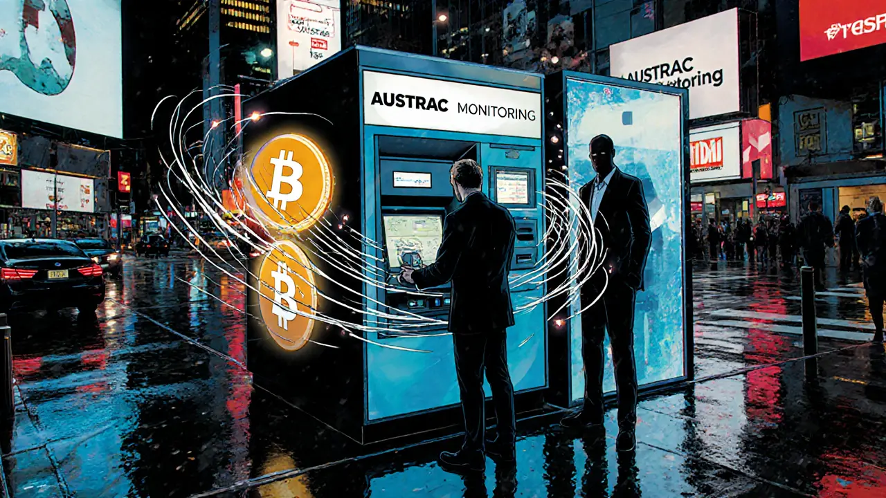 Crypto ATM in city street under surveillance by AUSTRAC, digital currency symbols swirling in the air.