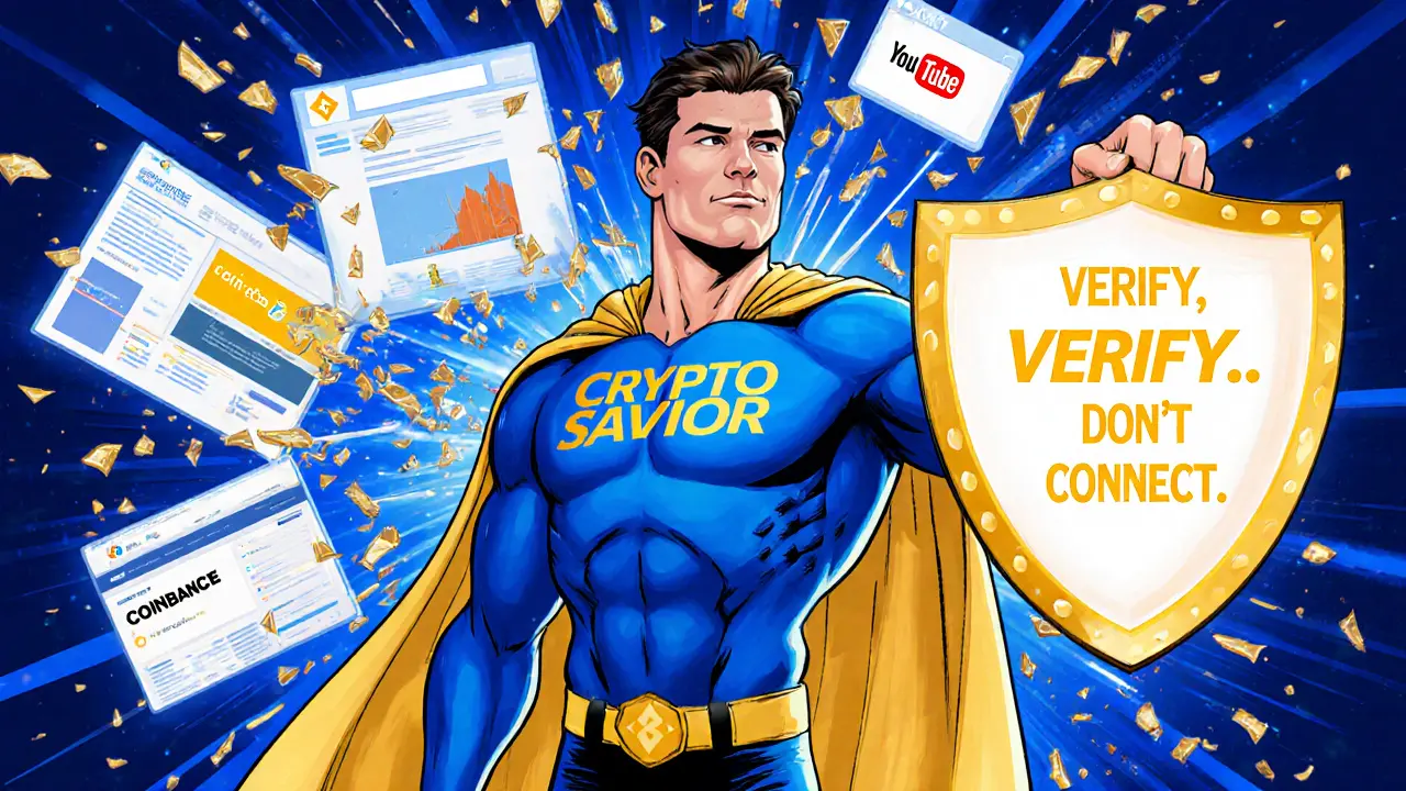 Crypto hero defending against scams with verified platforms and protective shield.