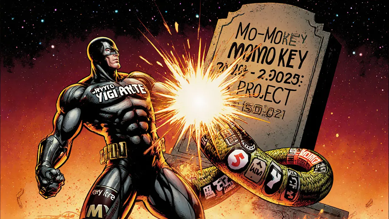 Crypto vigilante destroying a scam robot made of fake airdrop websites, tombstone reads &#039;Dead Project&#039;.