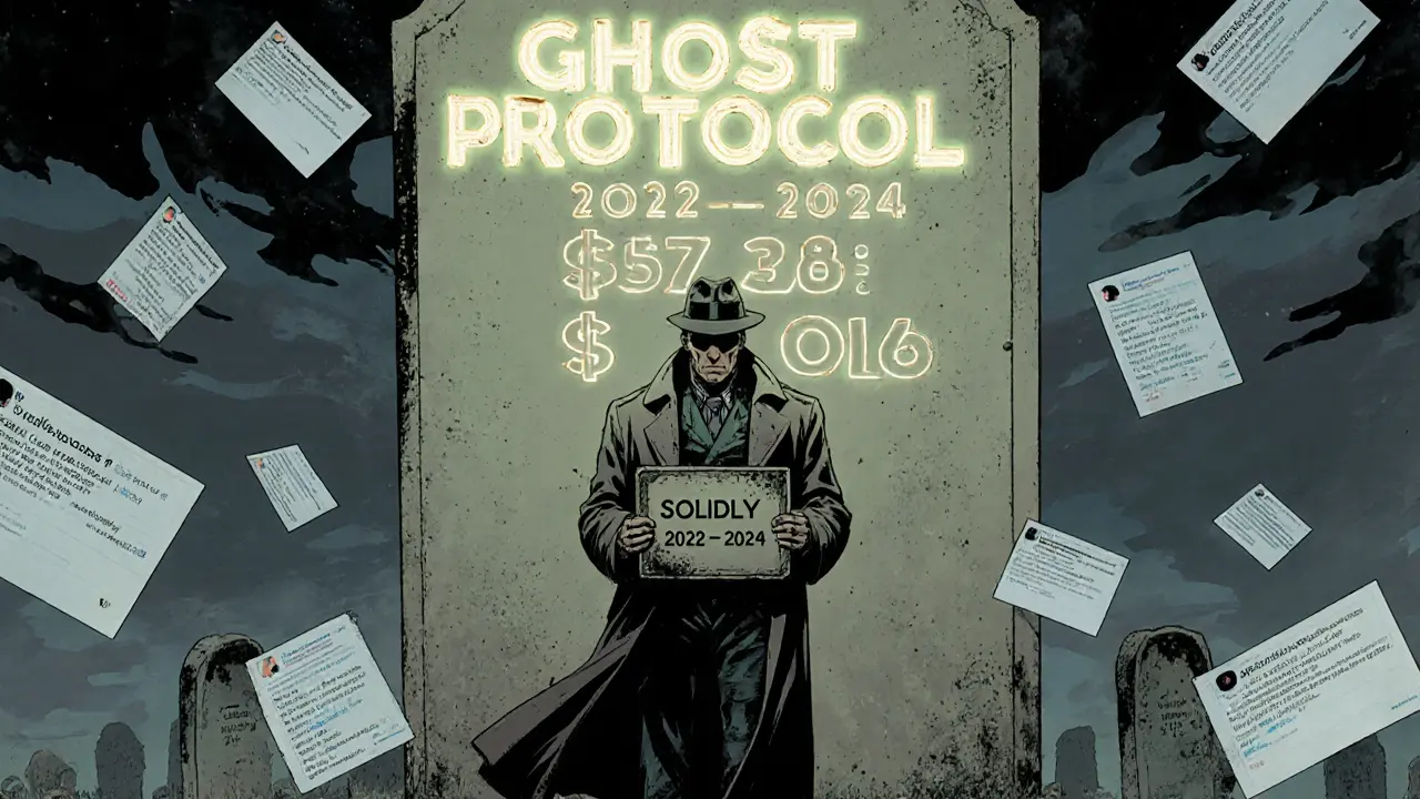 DeFi historian standing before a tombstone marking the collapse of the $SOLID token.