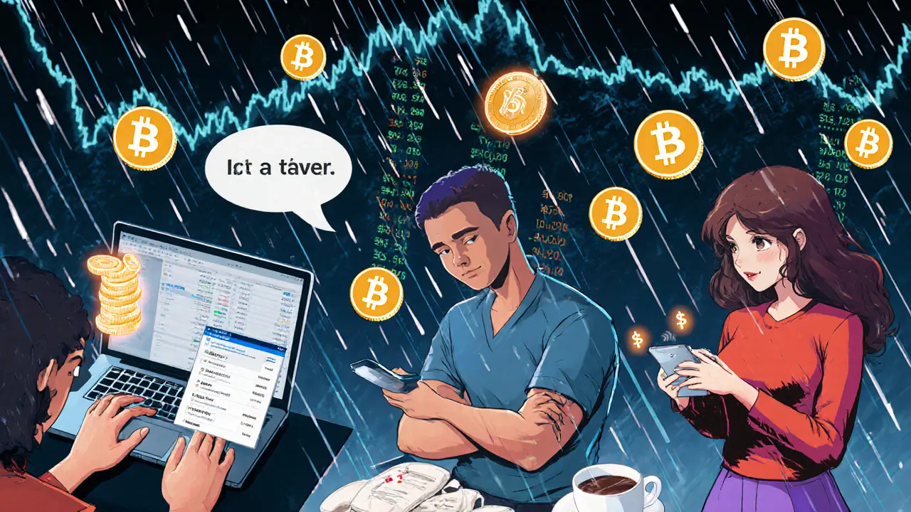 Diverse group calmly using automated crypto buying bots during market dip