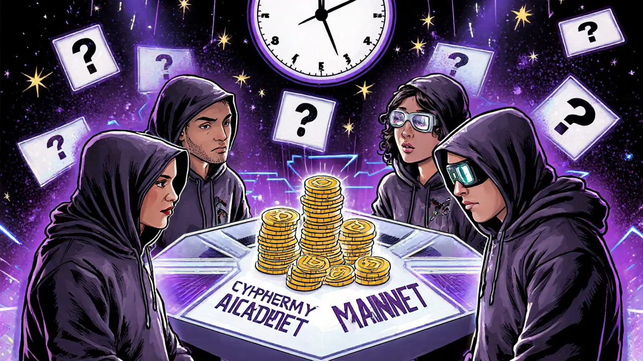 Diverse users staking DEAI tokens on a holographic console with AIcademy quizzes floating nearby, under a countdown to mainnet launch.