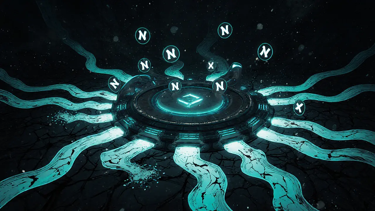 Dry liquidity rivers feed into a broken DEX router, with NPTX tokens floating uselessly in empty space on the Blast blockchain.