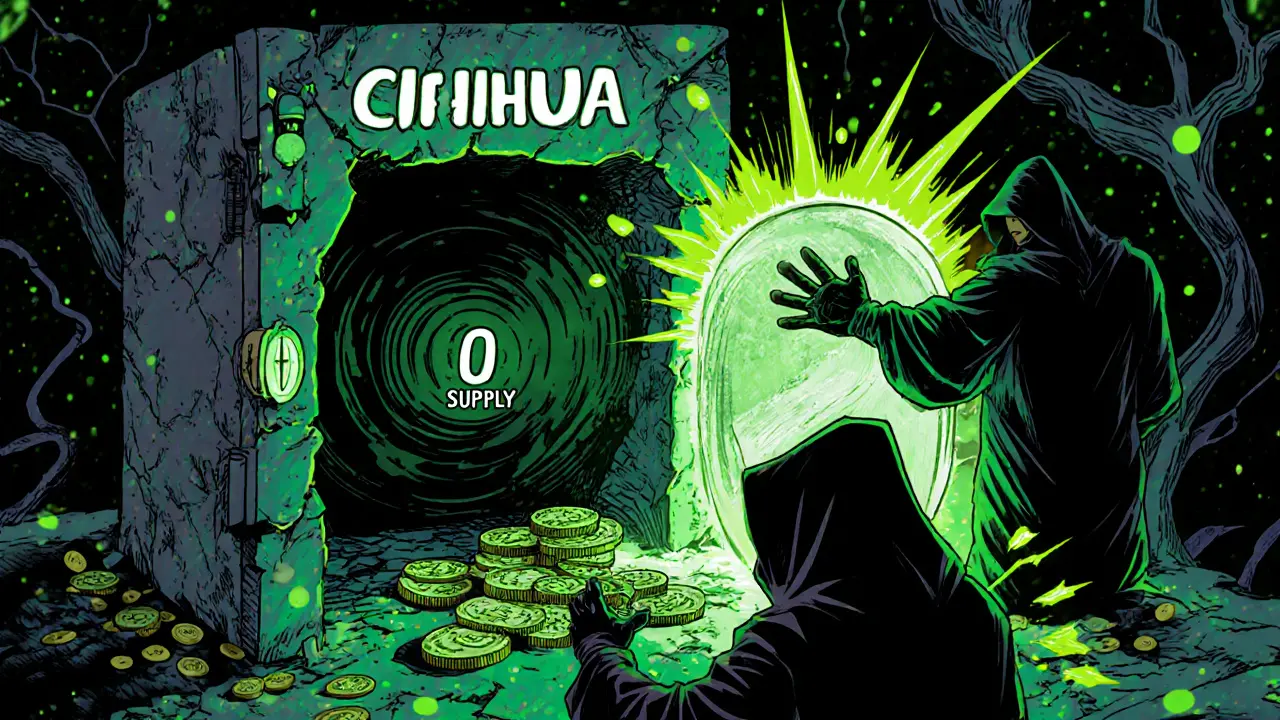 Empty token vault with scammers draining a crypto wallet through a digital portal.