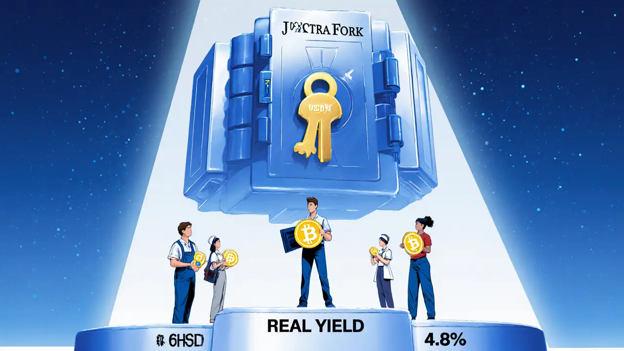 Everyday people holding stablecoins under a secure JPMorgan DeFi vault.