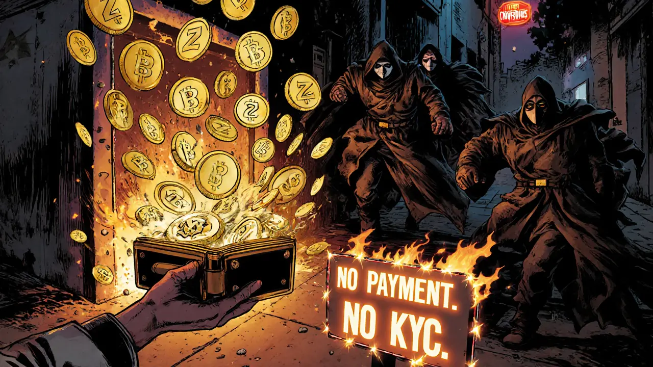 Golden ZOO tokens rain from an open vault as scammer figures flee in the shadows.