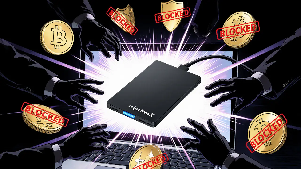 Hardware wallet repelling shadowy agents with glowing crypto tokens as protective shields.