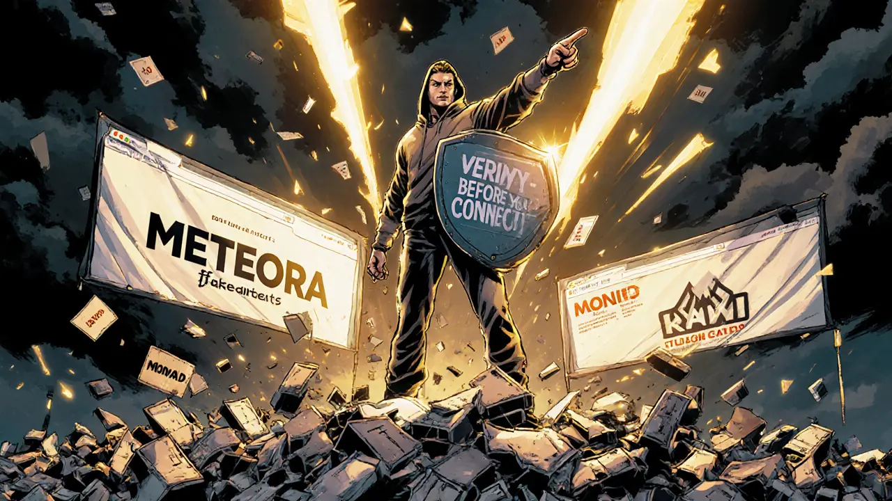 Hero standing on destroyed scam sites, pointing to legitimate crypto projects in the distance.