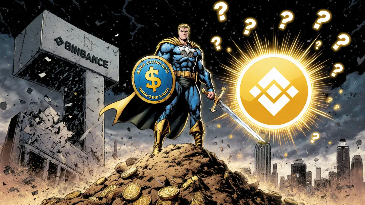 Heroic DeFi user standing on $BSW tokens, defending decentralized finance.