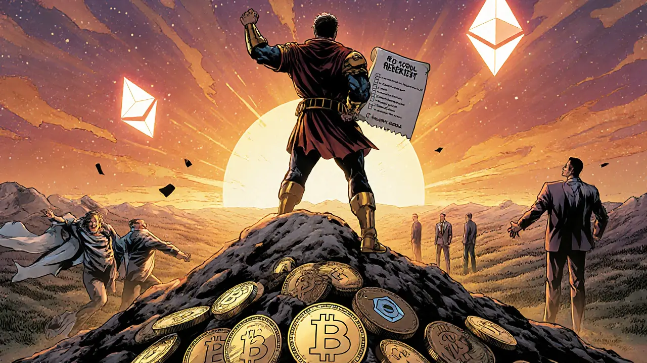 Heroic figure standing atop crypto coins as Bitcoin and Ethereum shine in sky