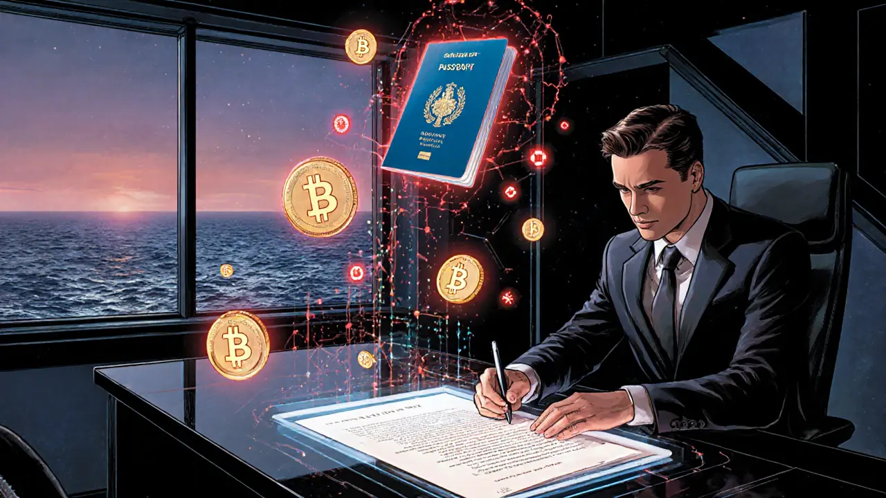 Investor reviewing a holographic blockchain ledger in Malta with an EU passport floating nearby.