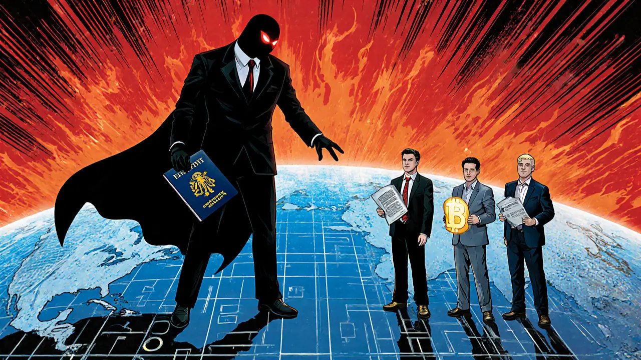 IRS agent confronting a crypto investor hiding behind a fake passport, while compliant investors stand tall.