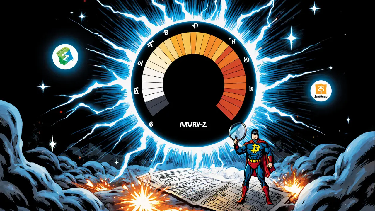 MVRV-Z Score dial spinning with Bitcoin hero analyzing blockchain ledger in comic book style