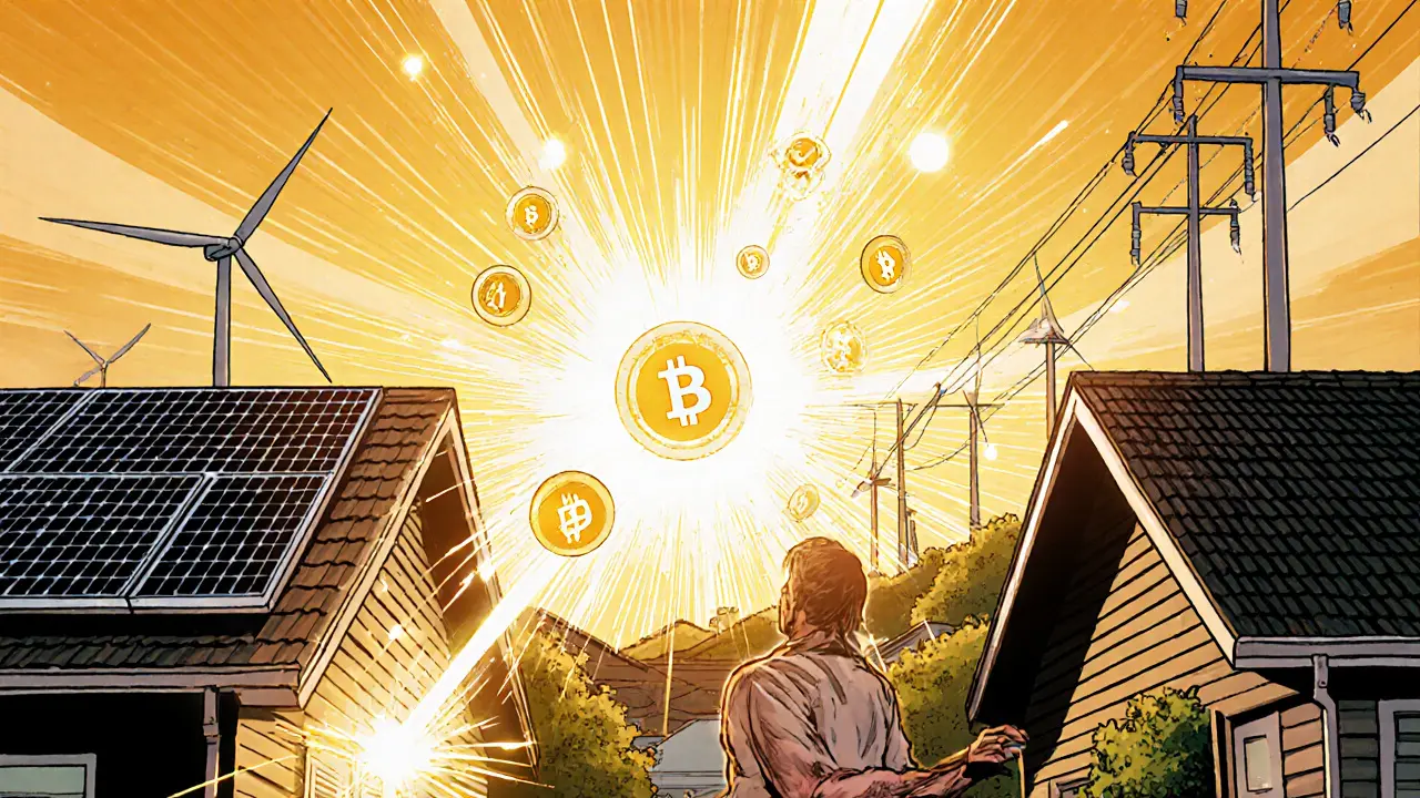 Neighbors in a sunlit suburb exchange solar power through a glowing blockchain connection, digital currency sparks flying between their homes.