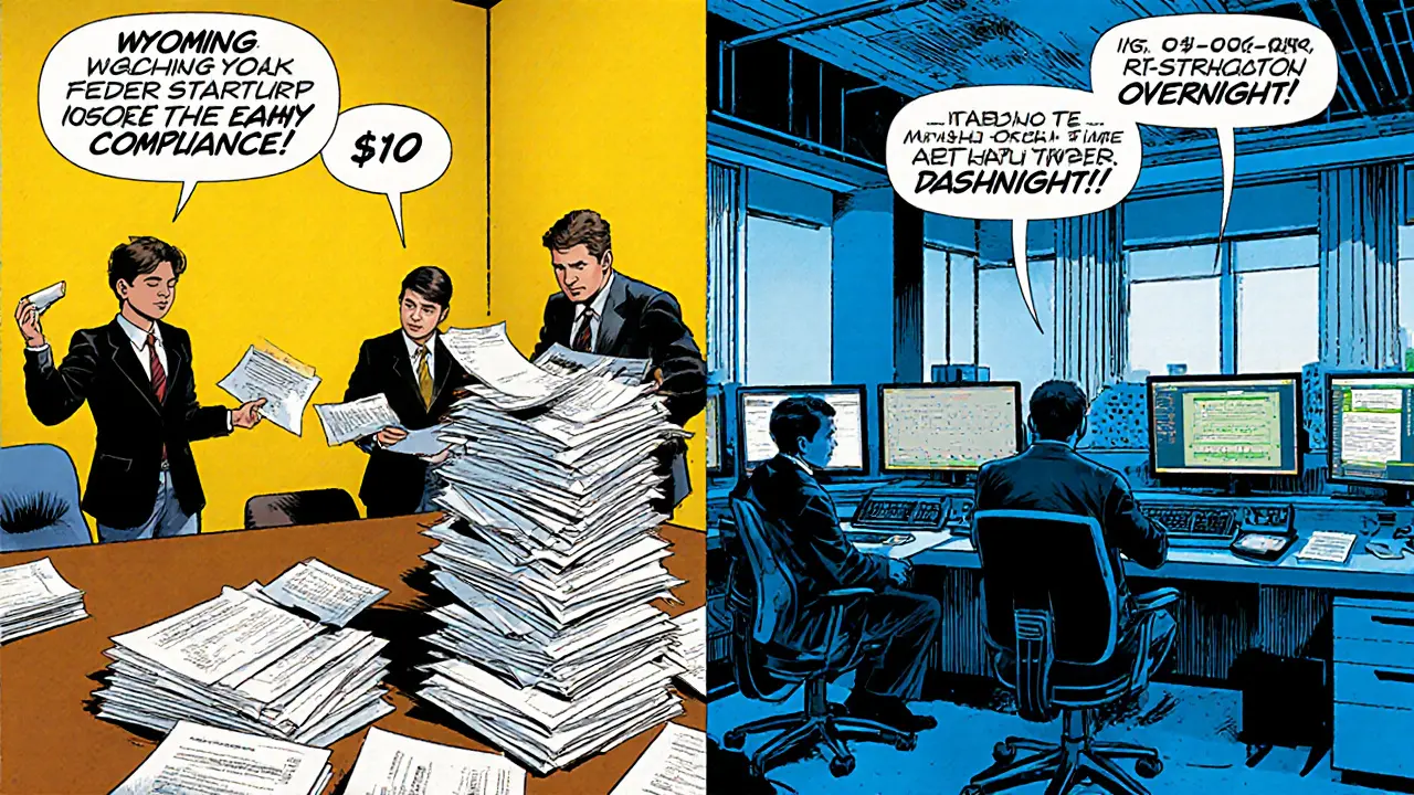 Small crypto startup overwhelmed by paperwork compared to a massive compliance center under the same federal rules.