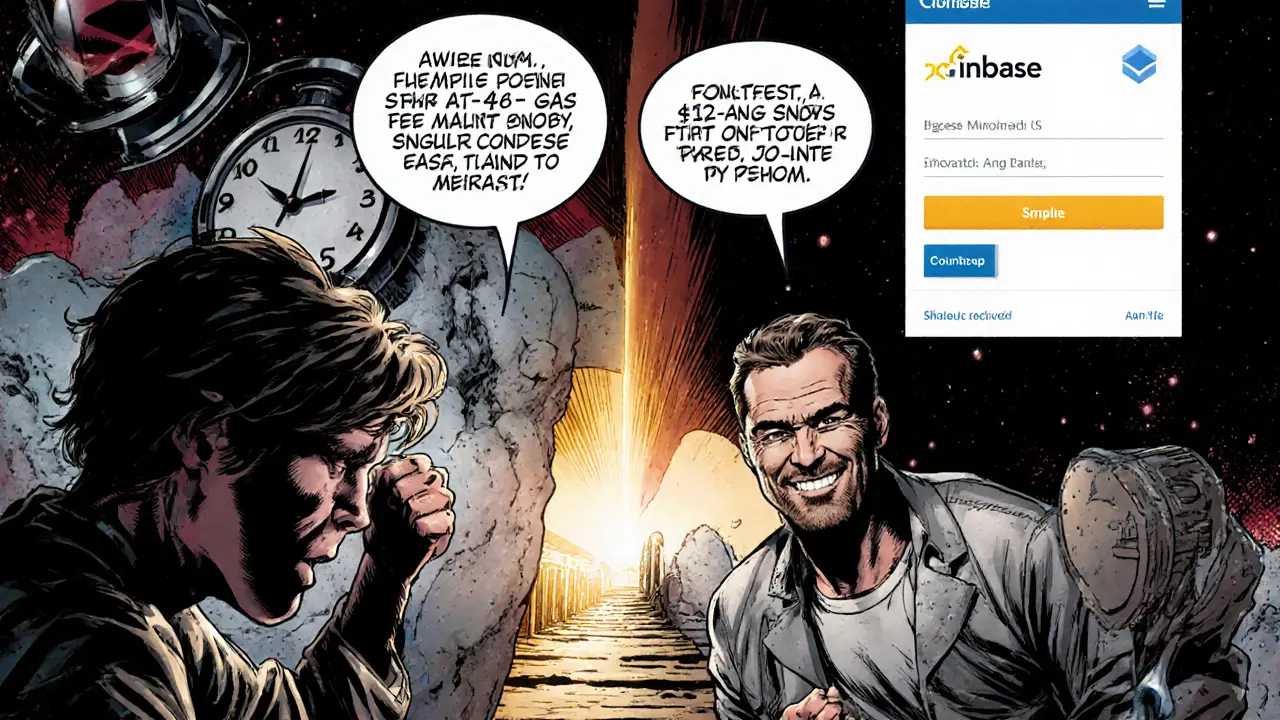 Split-panel comic showing high Ethereum fees vs. low Base fees with a glowing bridge connecting them.