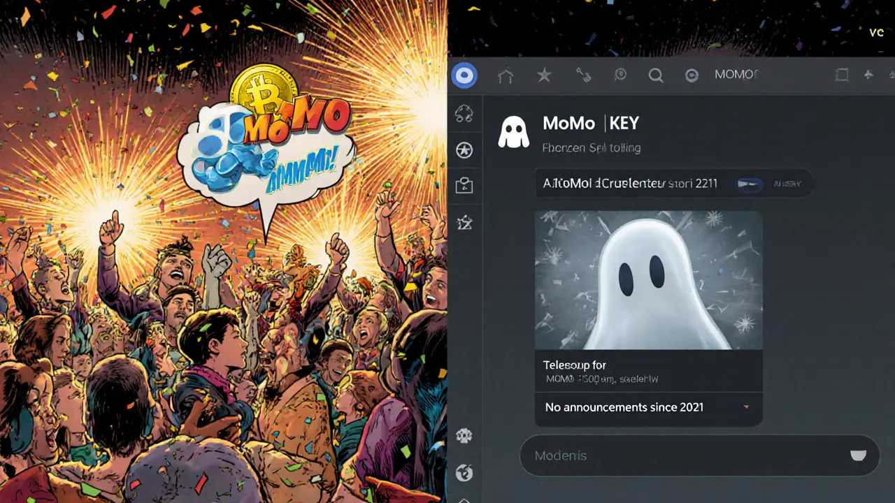 Split scene: lively Momo AI airdrop celebration vs. silent, abandoned MoMo KEY server.