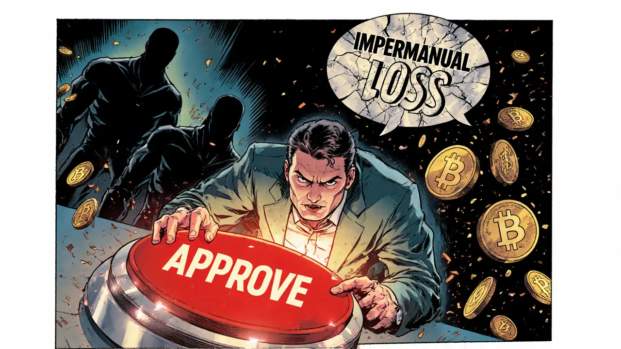 Trader approving a smart contract while shadowy threats loom nearby.