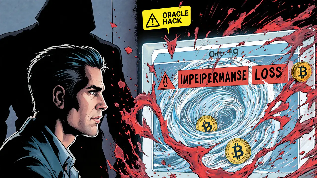 Trader facing a swirling liquidity pool with a looming oracle hack shadow.