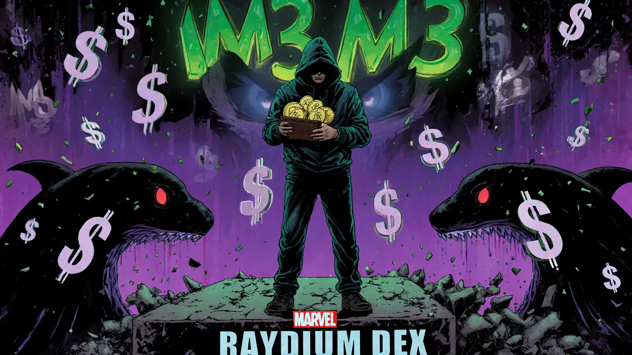 Trader on a crumbling exchange platform surrounded by falling dollar signs and shadowy whales