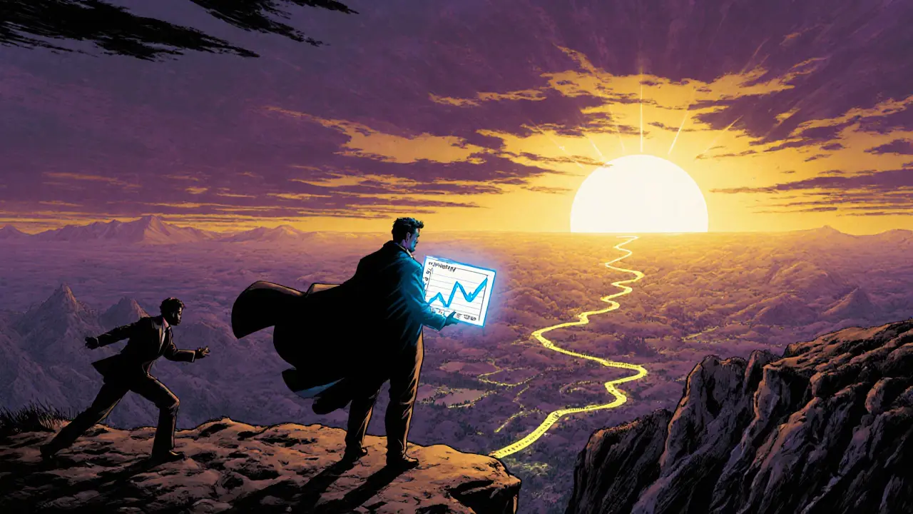 Trader on cliff watching MVRV chart dip below 1.0 as golden horizon rises in background