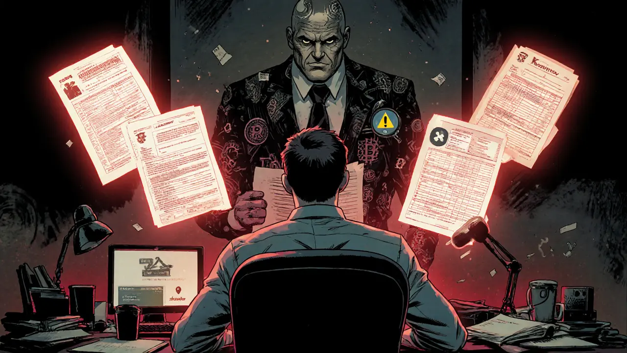 Trader surrounded by tax forms and IRS agent looming over blockchain ledger