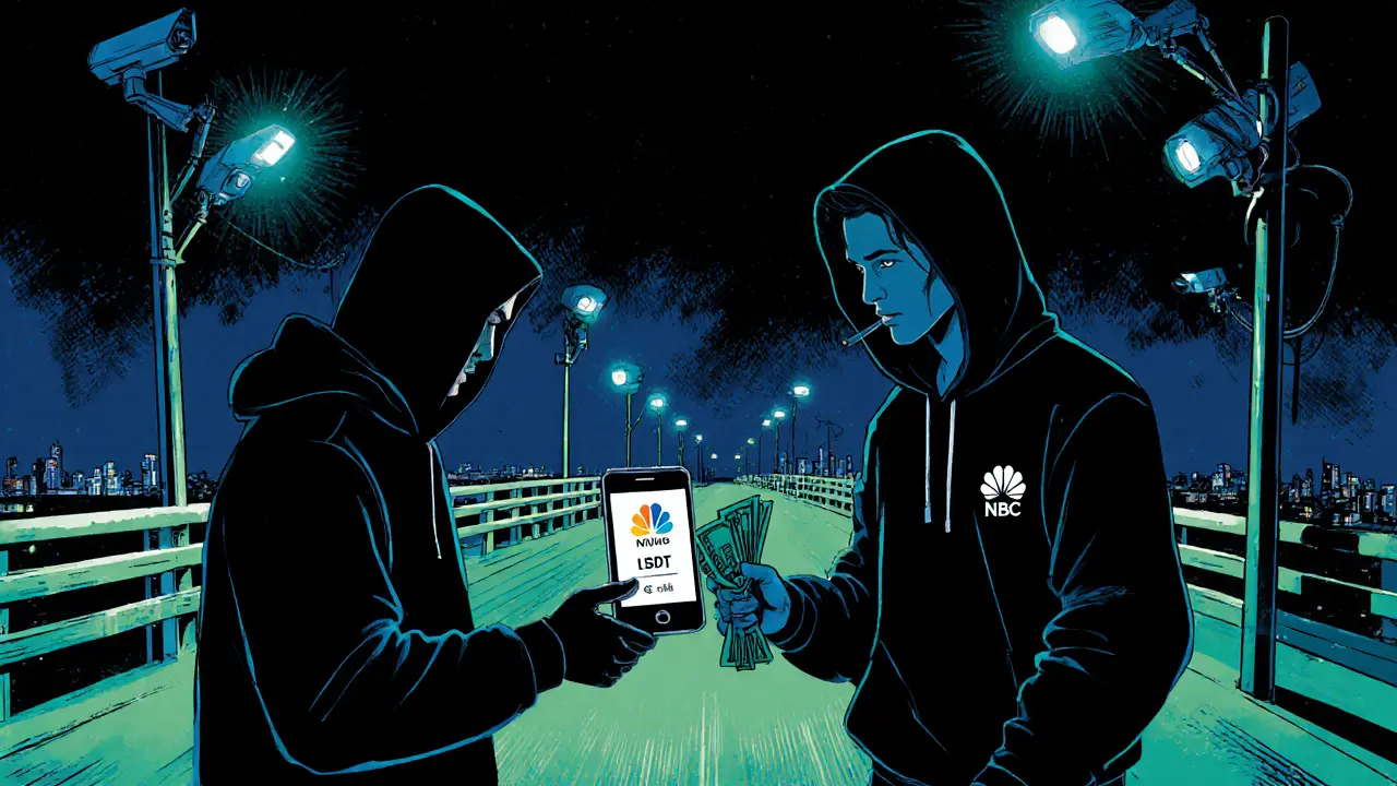 Two people secretly trade cash for USDT under a bridge at night, with surveillance cameras watching overhead.
