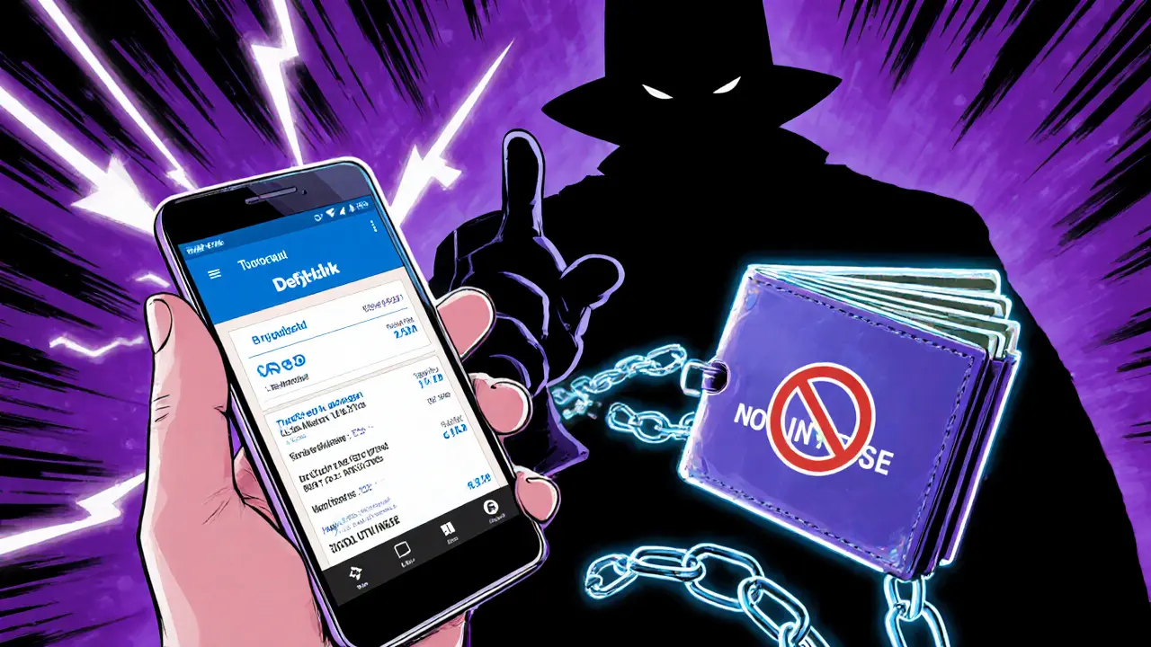 User earns yield on unregulated DeFi app while regulated stablecoin wallet is chained by a &#039;No Interest&#039; sign.
