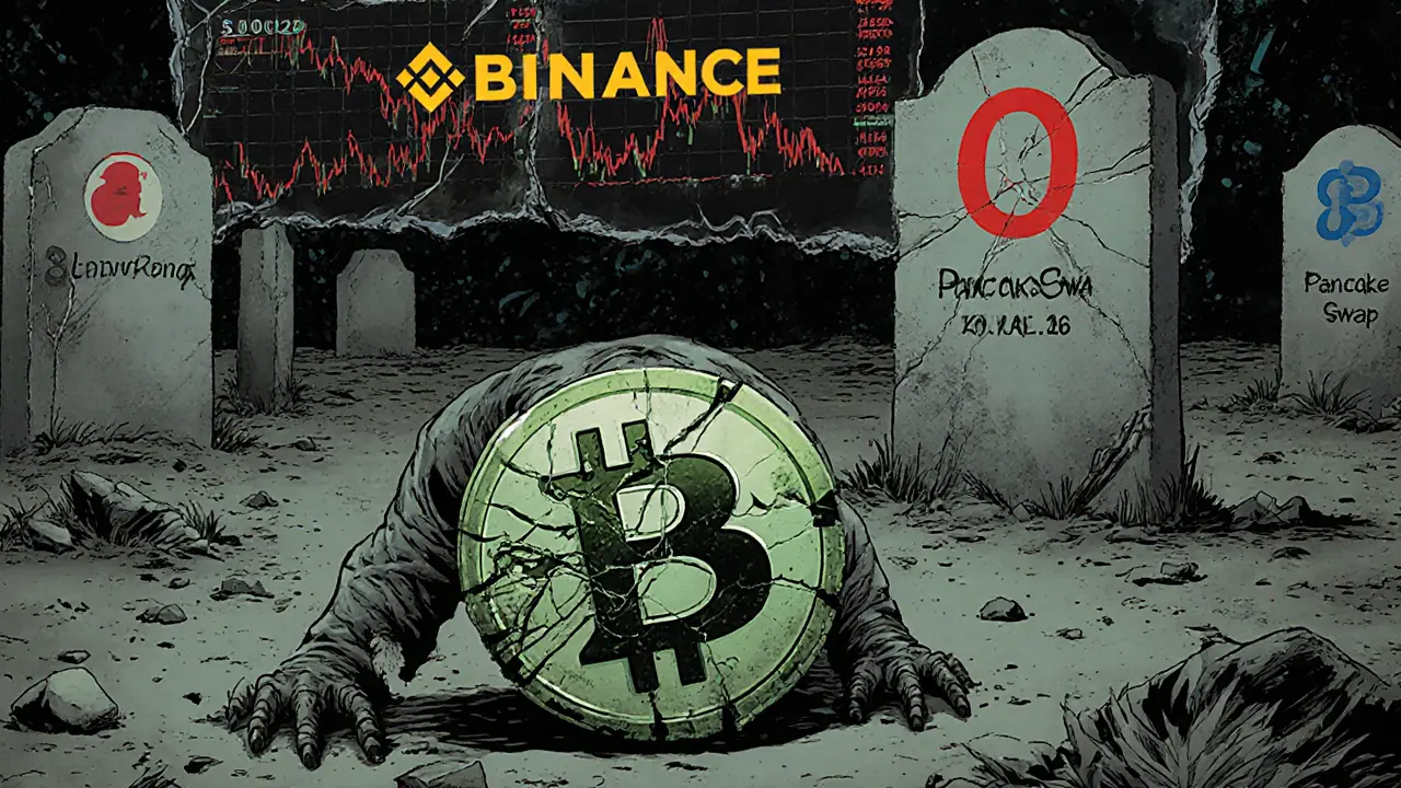 Zombie AFIN token crawling through digital graveyard with fake price charts in background.