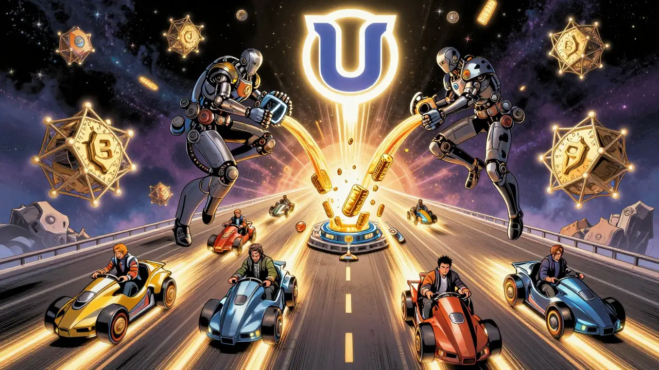A cosmic highway of Unichain with traders and institutional investors racing along it, powered by Uniswap v3 liquidity streams.