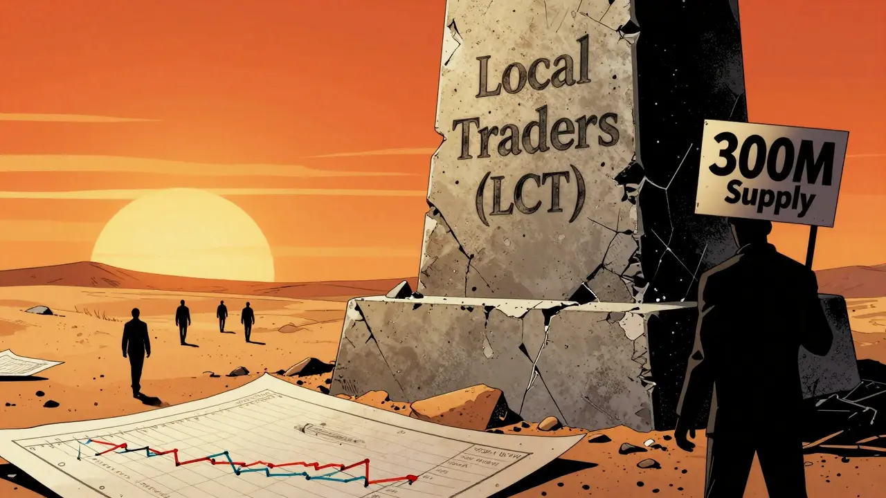 A crumbling LCT monument stands in a desert of forgotten charts as traders walk away into the distance.