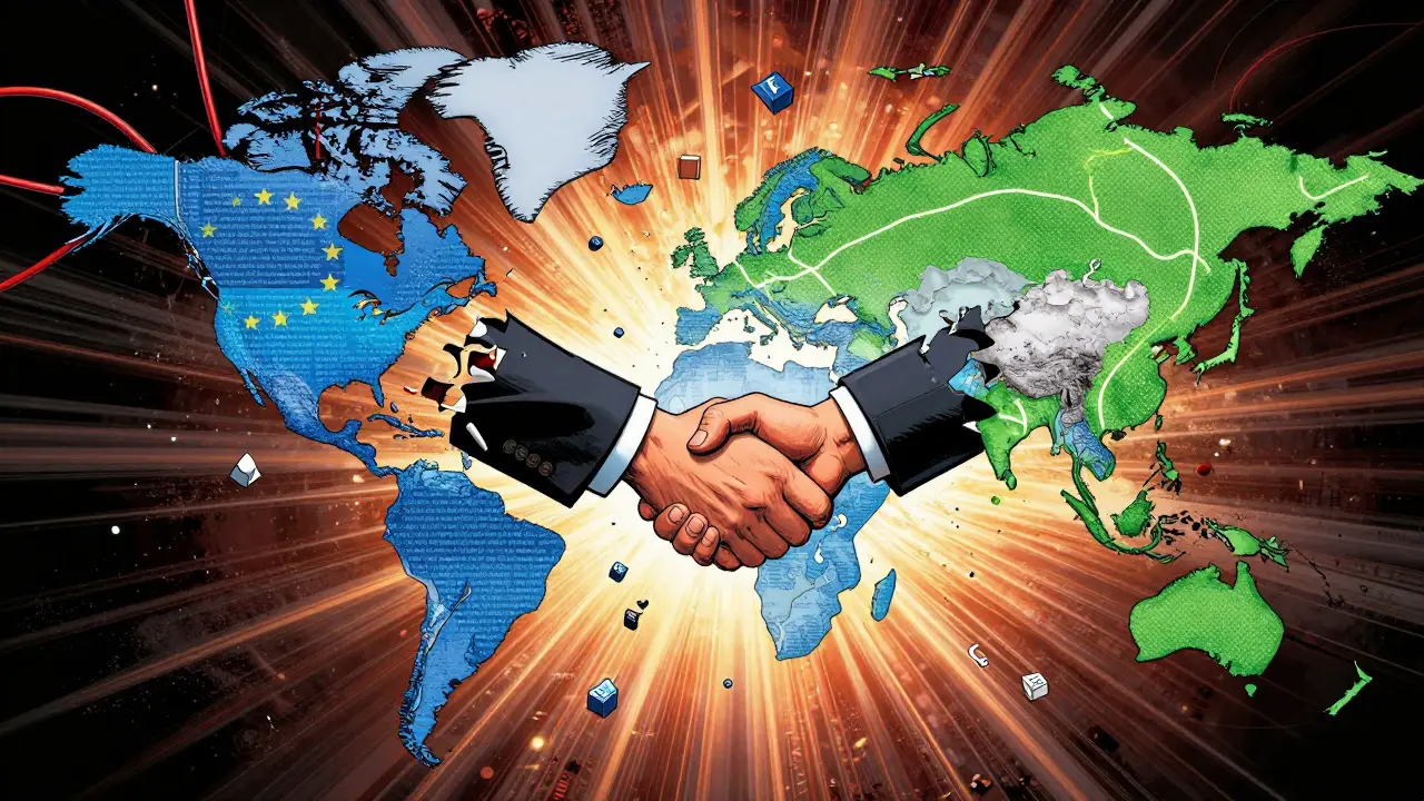 A global map fractures into regulatory styles as a handshake forms between finance and regulators, while DeFi icons flee.