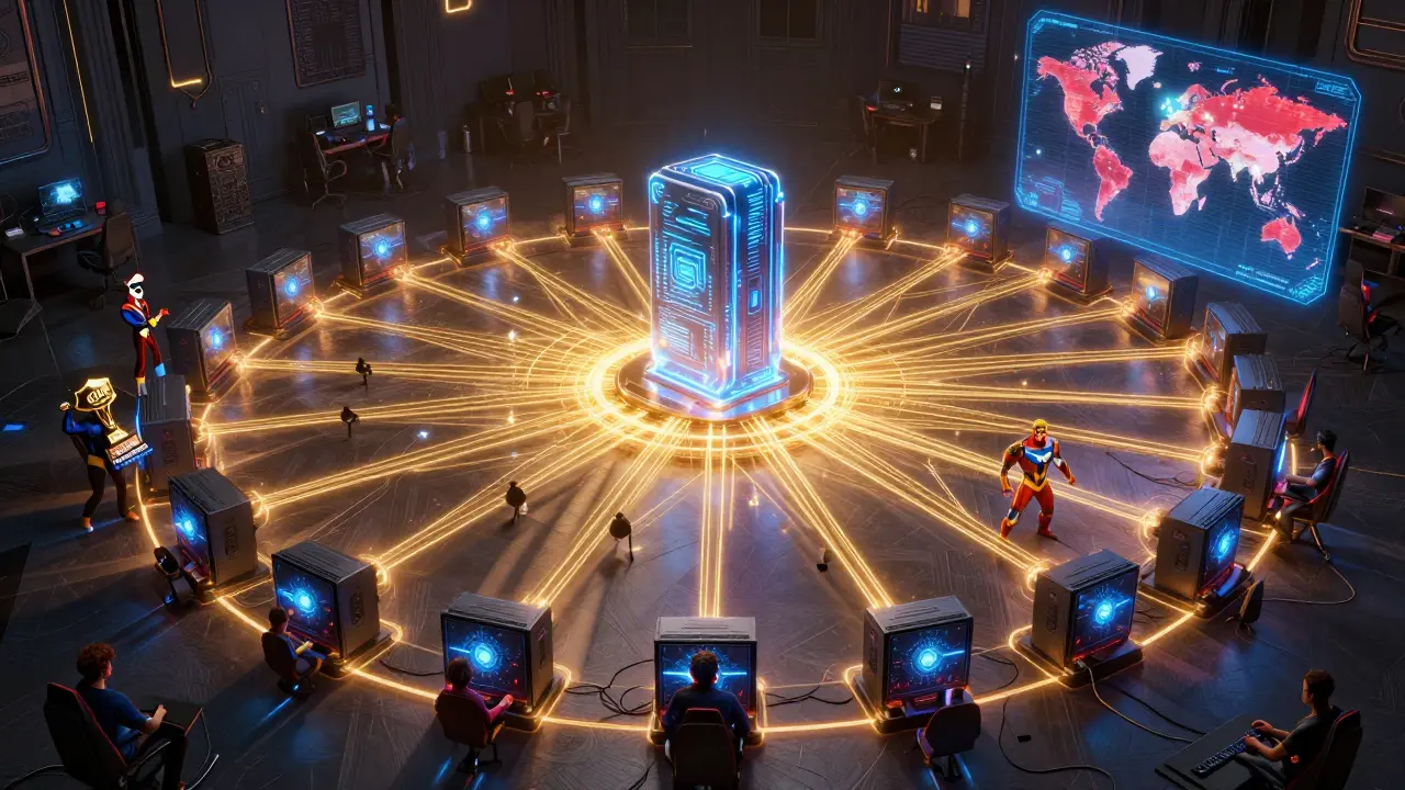 A global network of gaming PCs powers AI computing, connected by glowing data streams.
