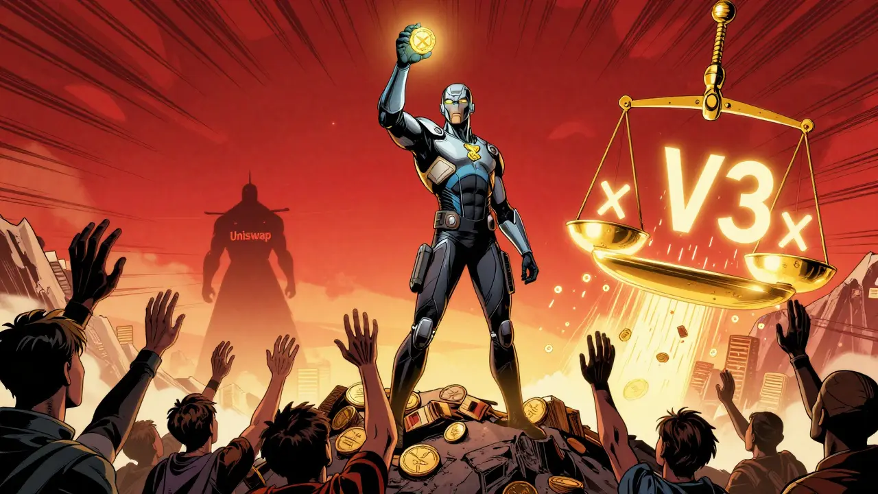 A hero holding xGRAIL atop a mountain of trading volume as users cheer, with Camelot V3 dominating the scene.