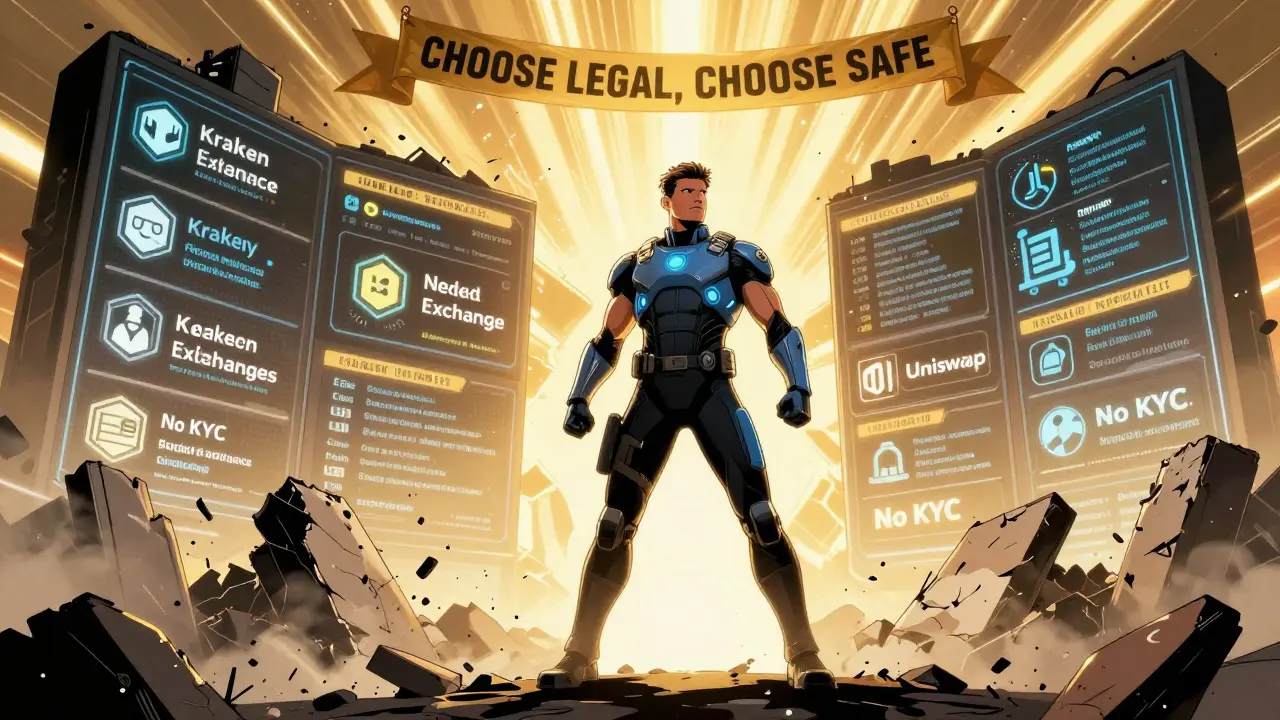 A hero stands before regulated crypto platforms as illegal exchanges crumble behind him, bathed in golden light.